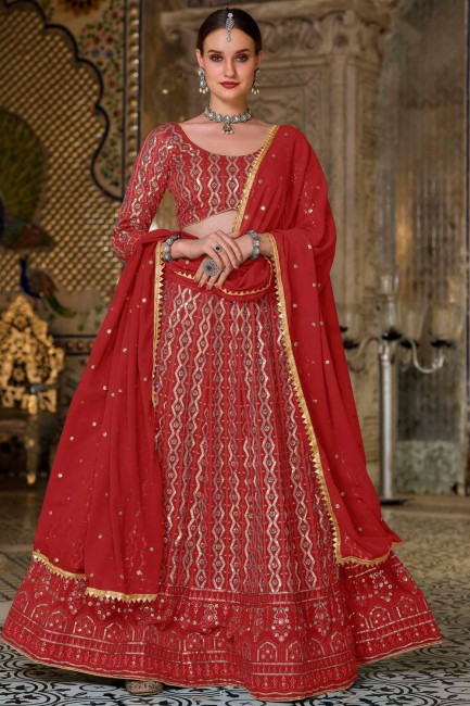Red Party Lehenga Choli in Georgette with Embroidered