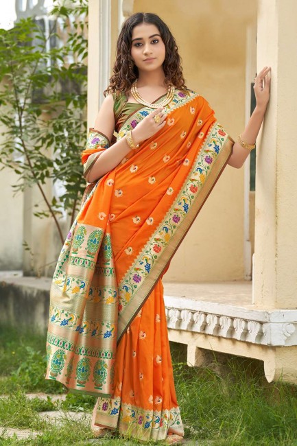 Weaving Banarasi silk  Orange Banarasi Saree with Blouse