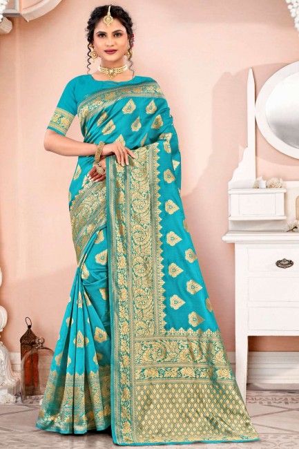Firozi  South Indian Saree with Zari,embroidered Silk