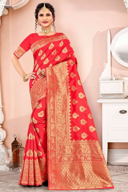 South Indian Saree in Red Silk with Zari,embroidered