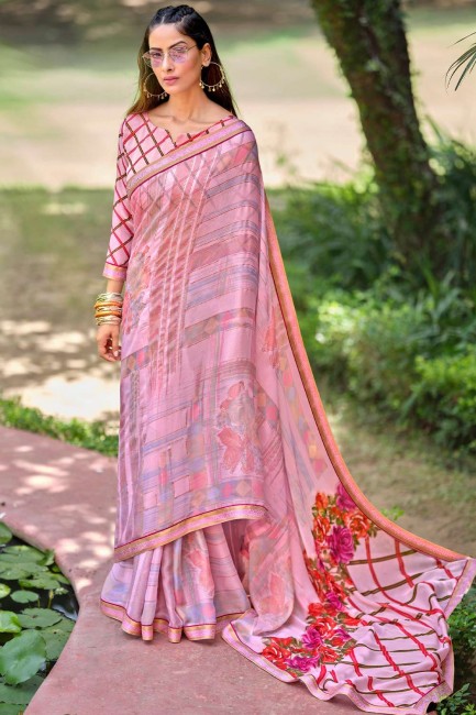 Pink Chiffon Saree with Printed