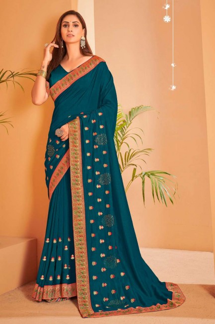 Stone,embroidered Chanderi silk Saree in Teal