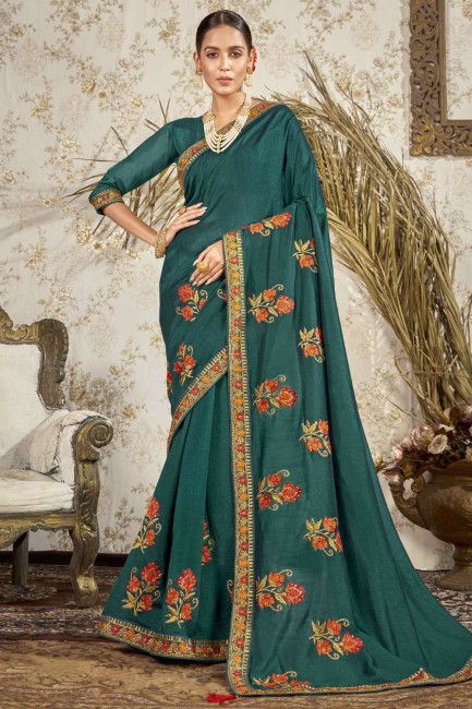 Teal  Saree in Zari,embroidered Silk