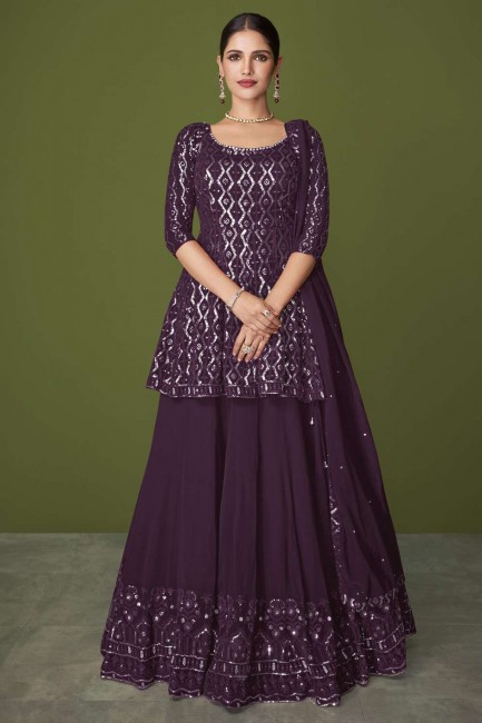 Georgette Wine  Embroidered Sharara Suit with Dupatta