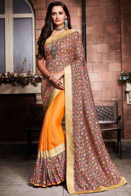 Printed Saree in Orange Silk