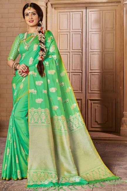 Latest Banarasi raw silk Saree in Green