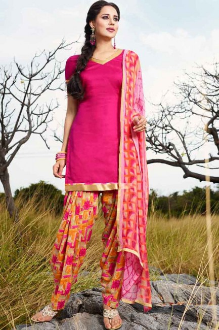 Beautiful Pink Glace Cotton Patiala Salwar Kameez