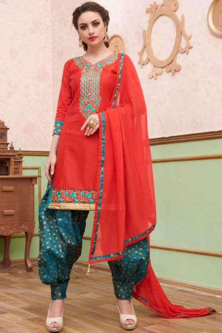 Red Patiala Suit in Embroidered Cotton