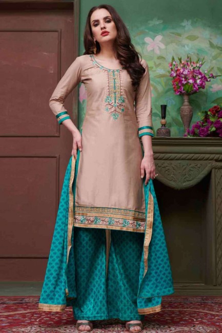 Beige Cotton Embroidered Palazzo Suit