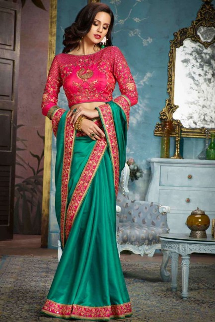 Green Saree in Satin with Embroidered