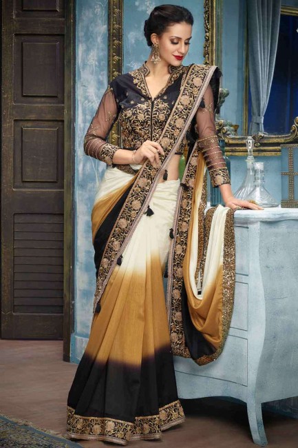 Art silk South Indian Saree in Multicolor with Embroidered