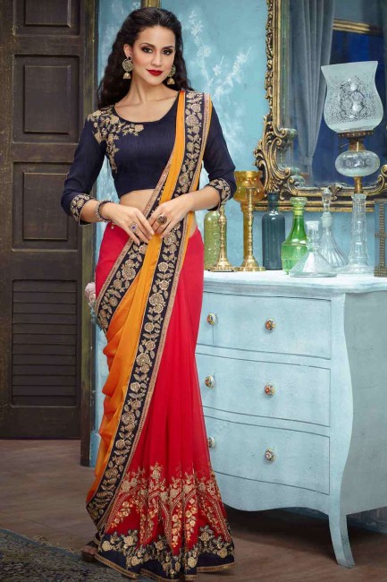 Embroidered Saree in Red Georgette with Blouse