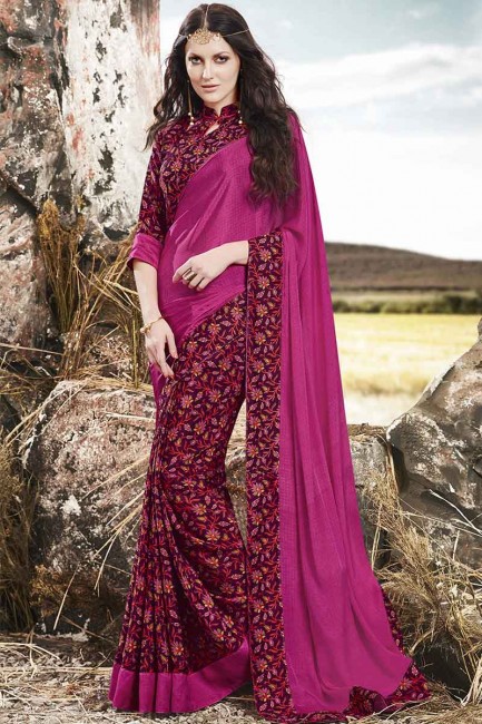 Deep Pink Silk Crepe with Pashmina Border Saree