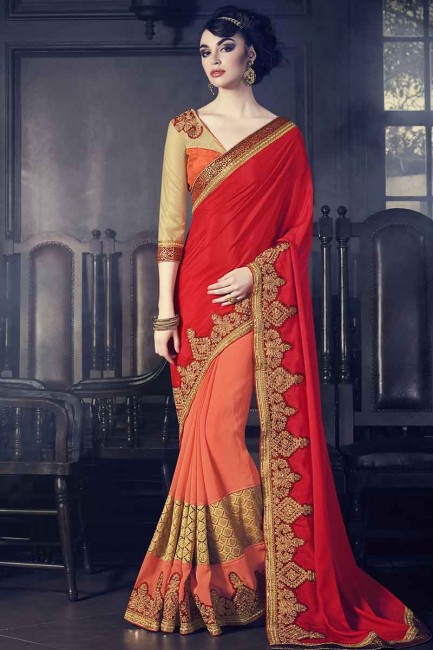 red and orange marble fancy fabrics and paper silk Saree