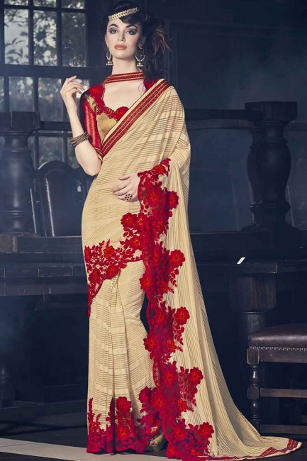 Light brown georgette and paper silk Saree