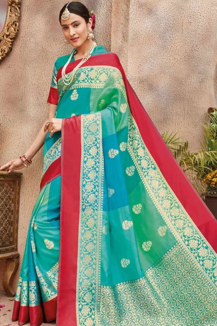 Turquoise  Saree in  Banarasi raw silk