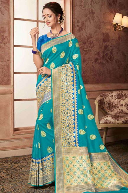 Turquoise  Saree with  Banarasi raw silk