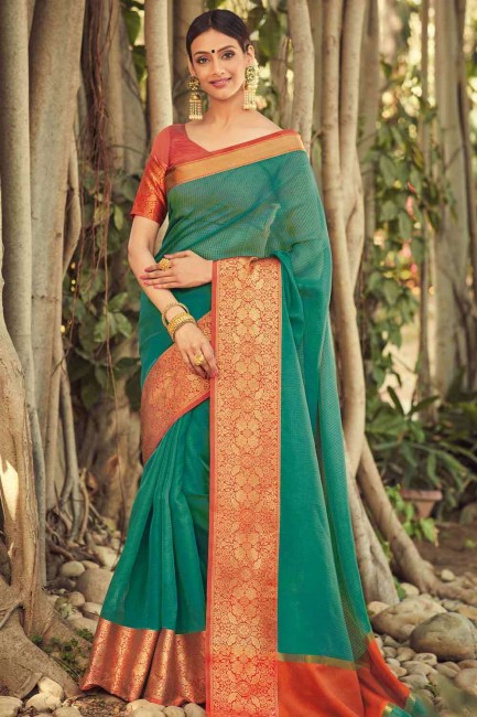 Green Saree in Banarasi raw silk with