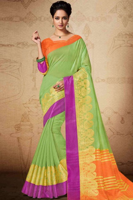 Saree in Green Banarasi raw silk with Blouse