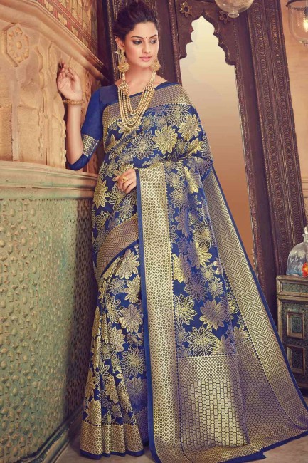 Blue Saree with Banarasi raw silk