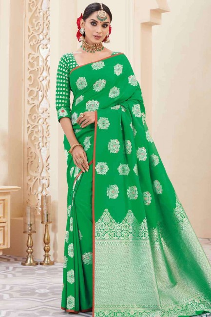 Indian Saree in Green Banarasi raw silk