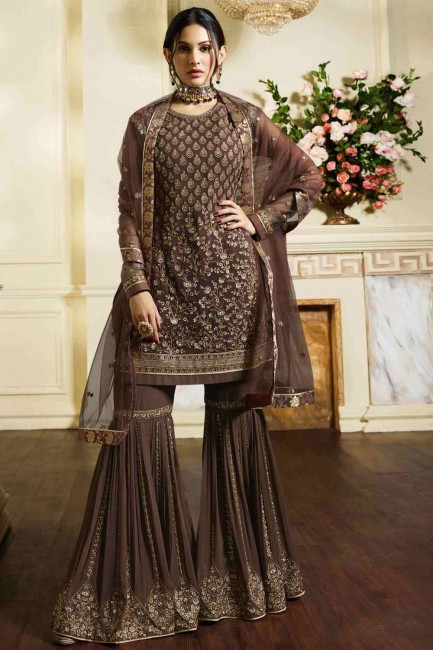 Brown Embroidered Sharara Suit in Satin