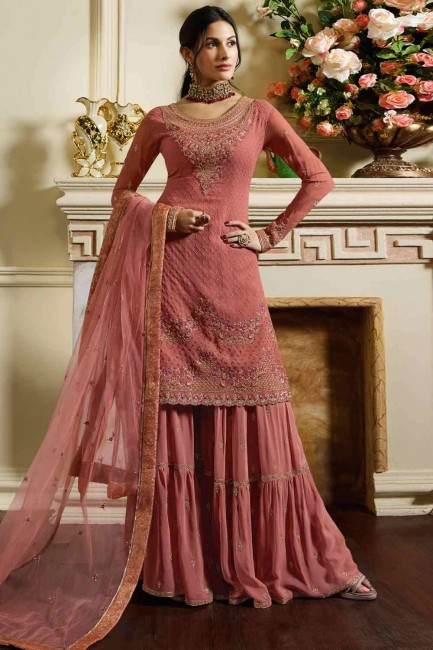 Embroidered Satin Sharara Suit in Pink Color