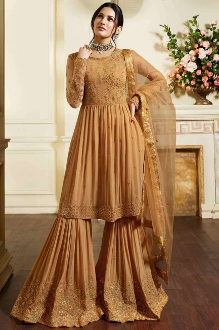 Sharara Suit in Yellow Satin with Embroidered