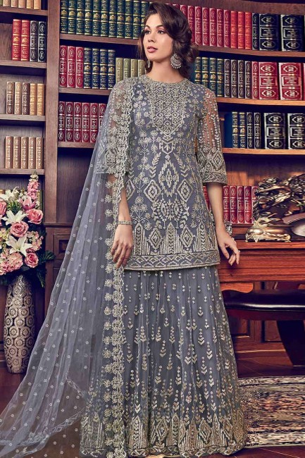 Grey Sharara Suit in Embroidered Net