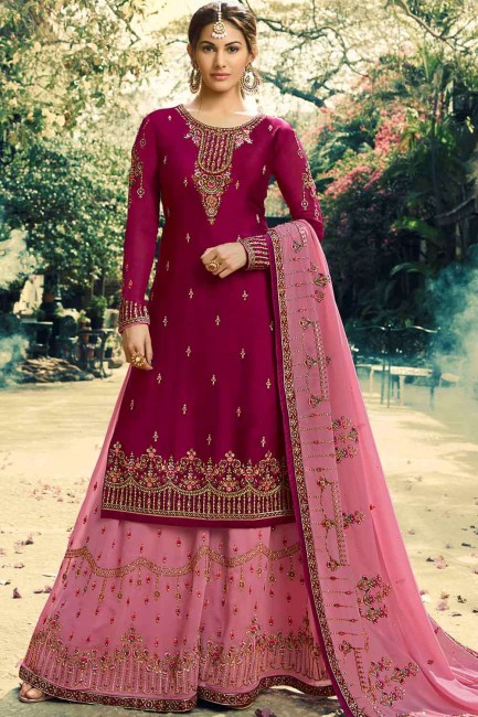 Satin Sharara Suit with Embroidered in Wine
