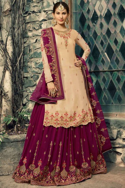Beige Embroidered Sharara Suit in Satin