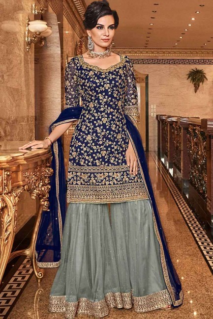 Net Navy blue Sharara Suit in Embroidered