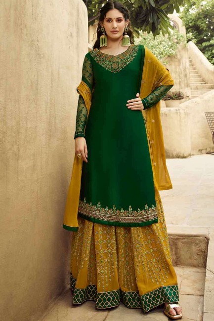 Satin Embroidered Green Sharara Suit with Dupatta