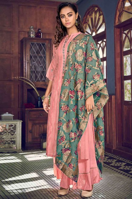 Peach Embroidered Chanderi silk Palazzo Suit