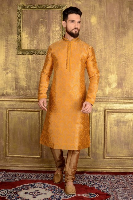 Yellow Jaqurs Silk Brocade Ethnic Wear Kurta Readymade Kurta Payjama