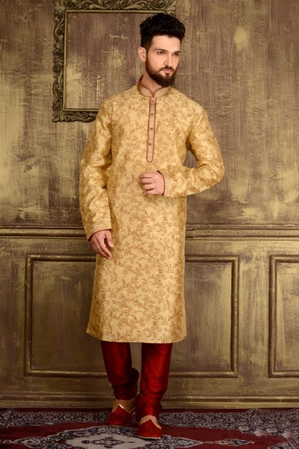 Gold Printed Silk Brocade Ethnic Wear Kurta Readymade Kurta Payjama