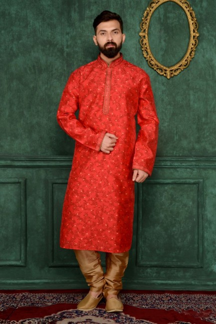 Red Printed Silk Brocade Ethnic Wear Kurta Readymade Kurta Payjama