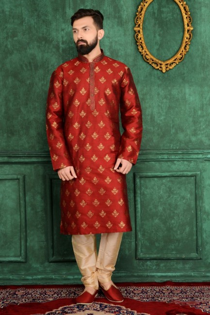 Maroon Jaqurd Silk Brocade Ethnic Wear Kurta Readymade Kurta Payjama