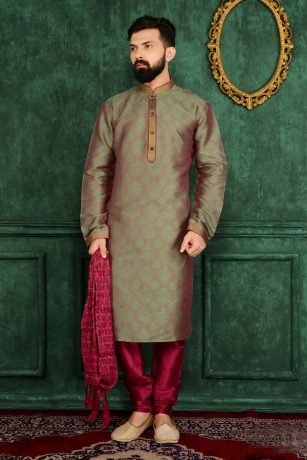 Green, Rani(Cross Clr) Jaqurd Silk Brocade Ethnic Wear Kurta Readymade Kurta Payjama
