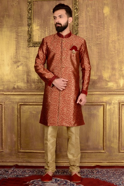 Maroon Jaqurd Silk Brocade Semi Indo Indo Western