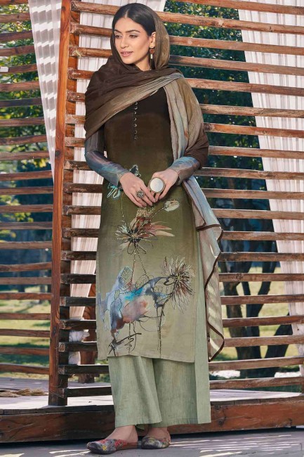 Printed Satin Green Palazzo Suit with Dupatta