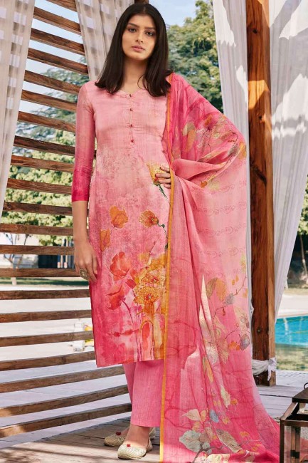 Pink Satin Palazzo Suit with Printed Work
