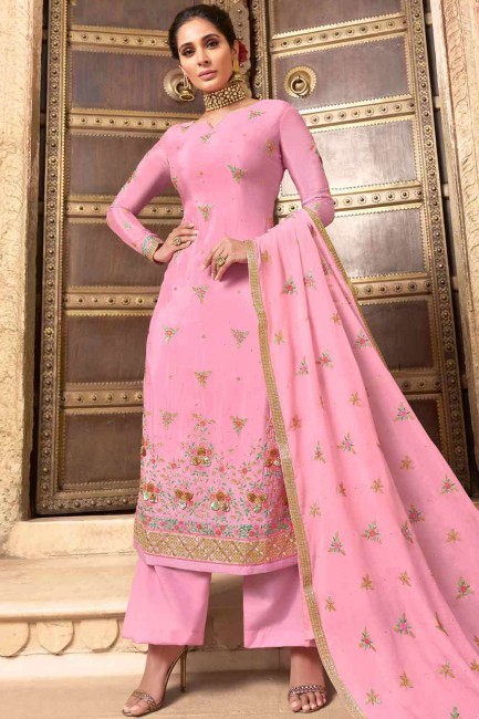 Palazzo Suit in Pink Chiffon with Embroidered