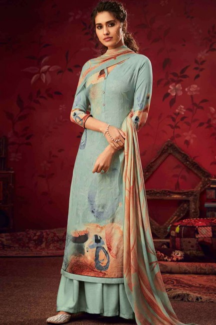 Splendid Turquoise Pashmina Palazzo Suit with Printed