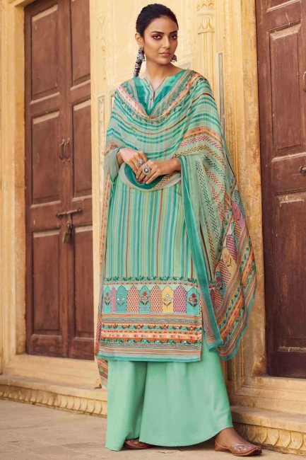 Pashmina Palazzo Suit in Turquoise  with Printed