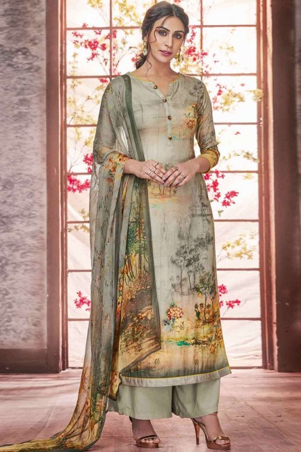 Green Printed Palazzo Suit in Pashmina