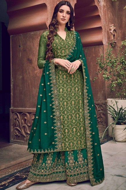 Green Pakistani Suit in Embroidered Silk