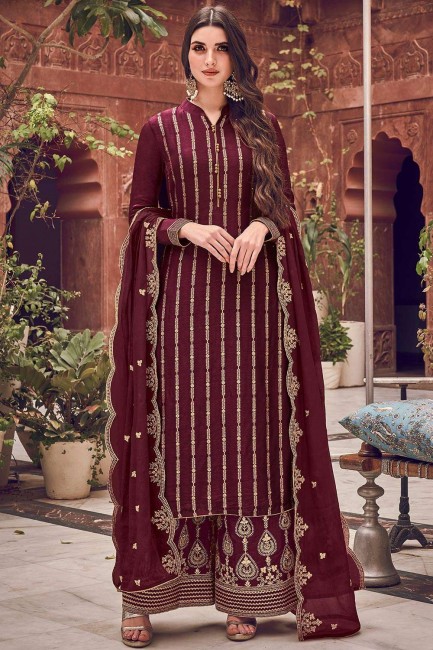Silk Pakistani Suit with Embroidered in Wine