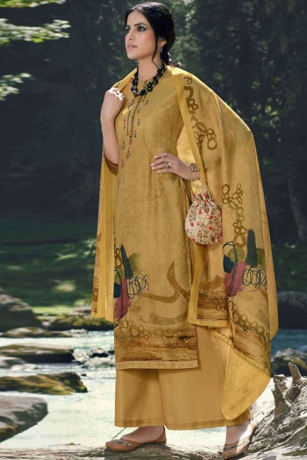 Yellow Pashmina Printed Palazzo Suit with Dupatta