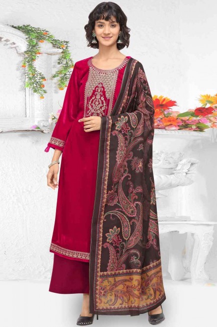Embroidered Velvet Red Palazzo Suit with Dupatta